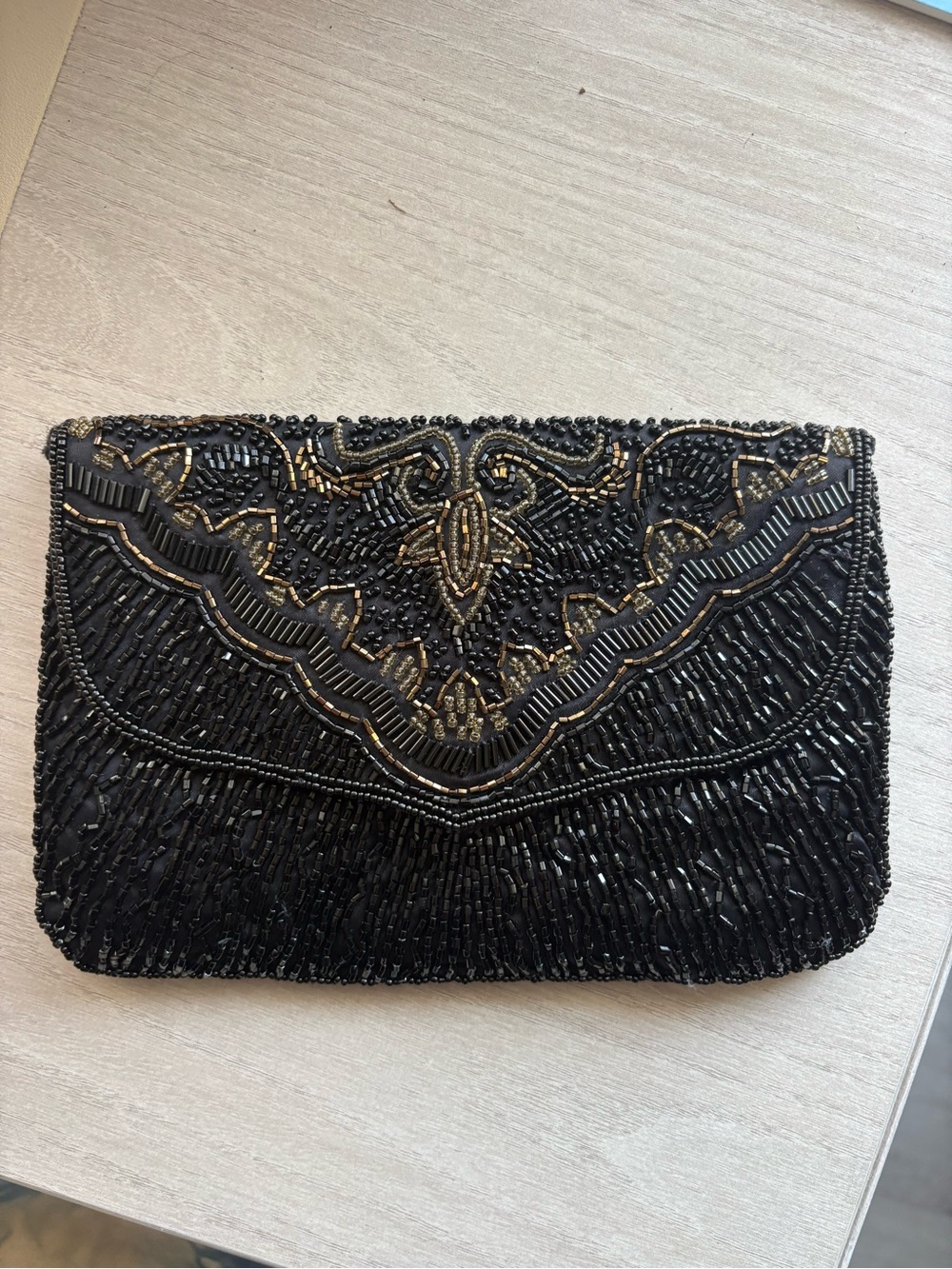 Vintage Beaded Clutch- Black & Gold